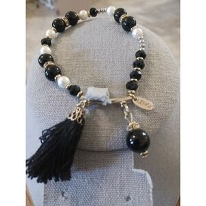 Lenox Black White Pearl Beaded Stretch Bracelet Tassel Charm Gold Tone Accent